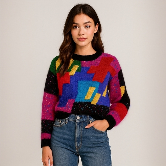 Carole Little Sweaters - Vintage 90s Mohair Blend Colorblock Carole Little Sweater